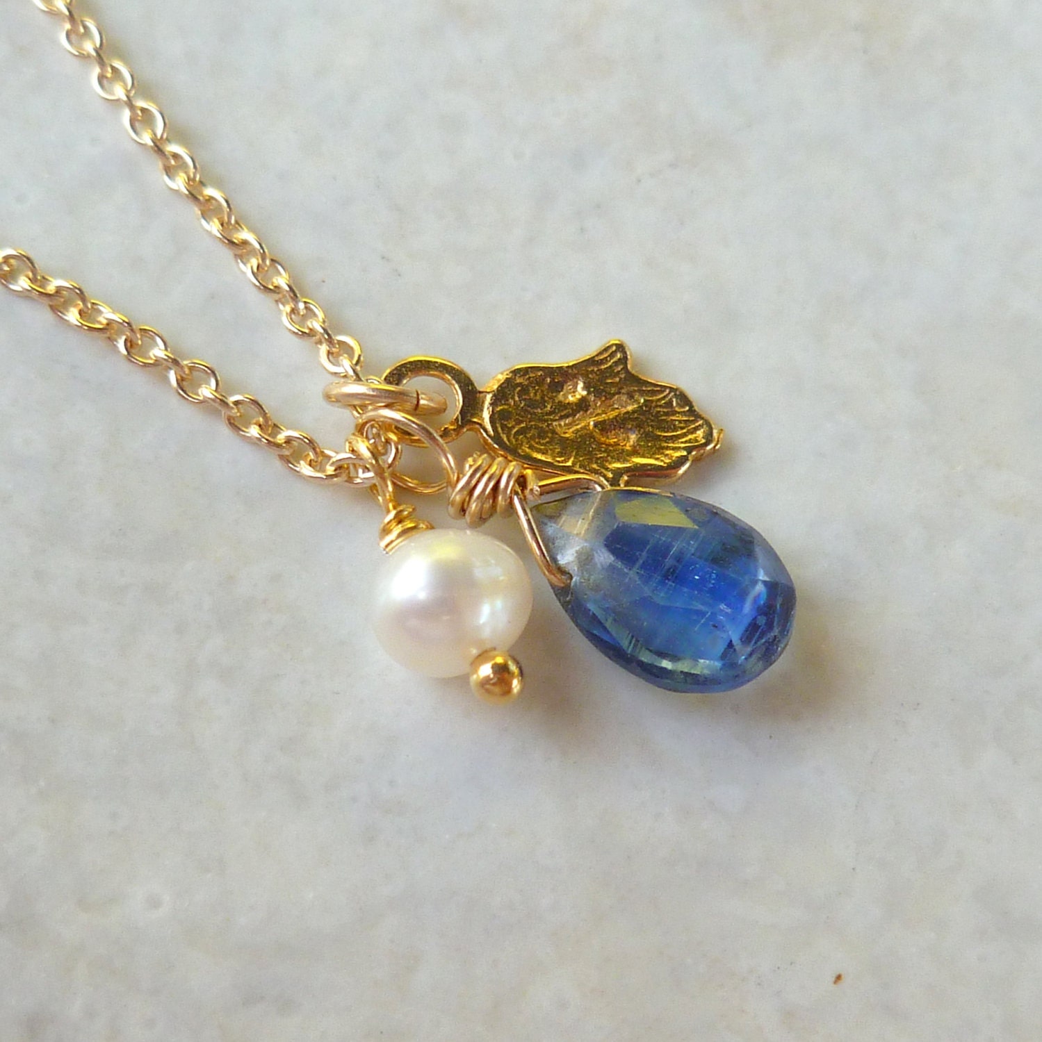 Personalized Hamsa (Chamsa, Hamesh) Hand vermeil charm, 14K gold fill and gemstones necklace. Kinor David