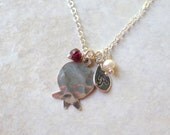 Personalized Pomegranate (RIMON) sterling silver and gemstones necklace, available in Hebrew or English. Kinor David collection.