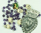 Muertos Skull Rosary with Sacred Heart Milagro and Amethyst with Glass Skulls