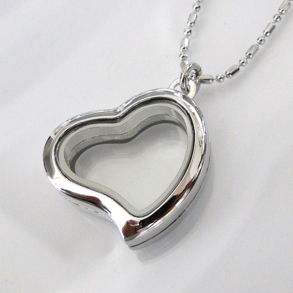 3-D Glass Heart Locket - You asked For It - I Got It For You - Small Heart Shaped Rhodium Coated Silver Locket