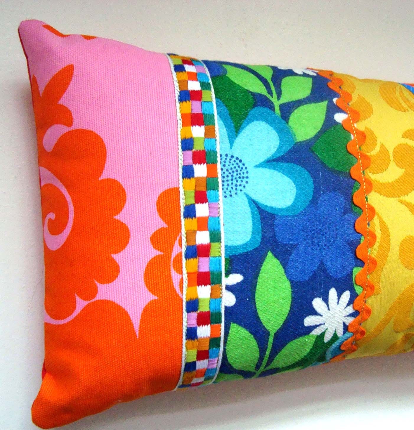 REDUCED - Vintage Retro Fabric Patchwork Pillow / Cushion Cover - Bright Mod Florals - Oblong / Lumbar
