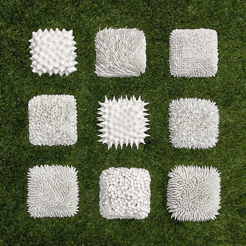 Set of 9 Textured Wall Tiles -  3d Wall Sculpture Art Decor Porcelain Contemporary Ceramic