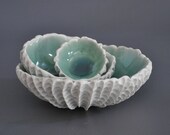 Set Of 3 Copper Blue Nesting Scallop Bowls - Ceramic Porcelain Textured Bowls  Beach Coastal Decor