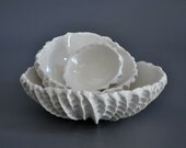 Set of 3 White Nesting Scallop Bowls - Ceramic Porcelain Textured Bowls Kitchen Serving Decor