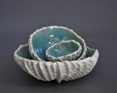 Set Of 3 Seawater Blue Nesting Scallop Bowls - Ceramic Porcelain Textured Bowls Sea Shell Beach Coastal Decor Modern