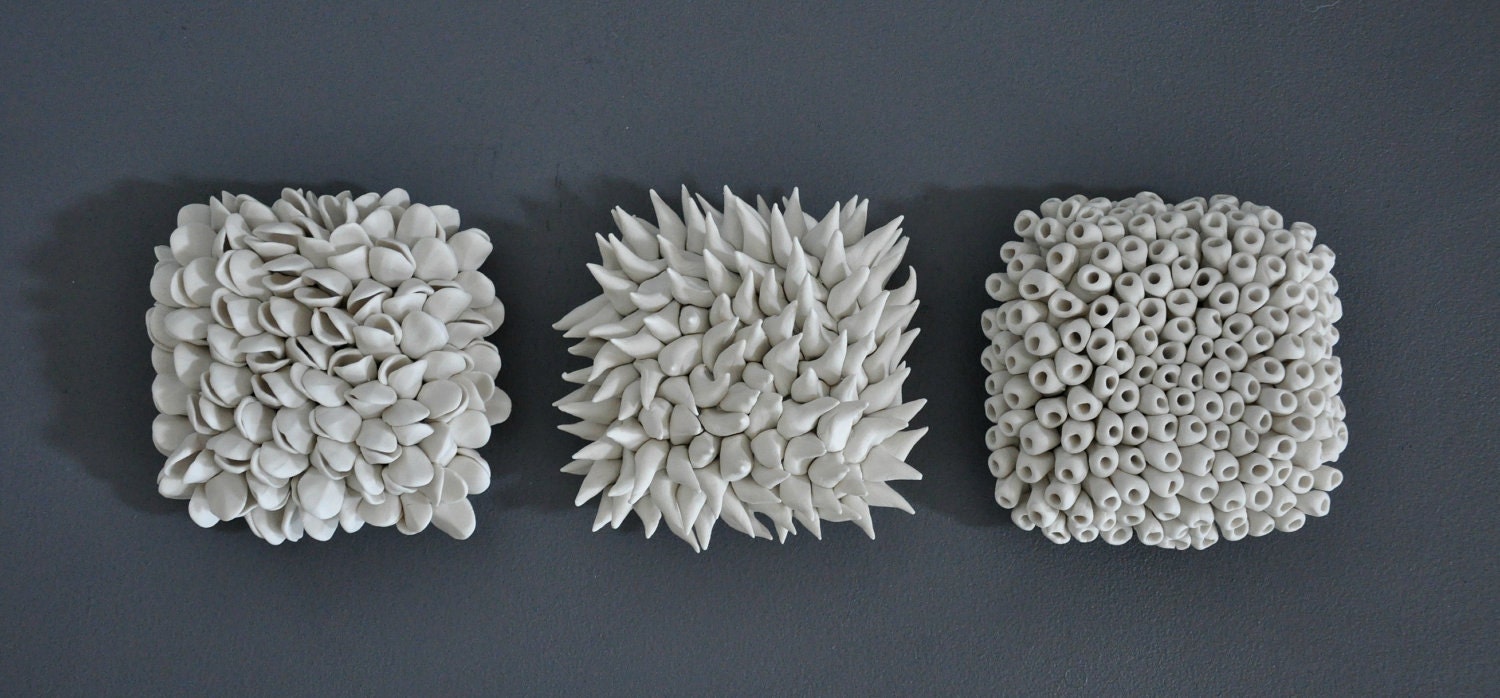 Set of 3 Micro Tiles - Wall Sculpture Art Decor  Textured Porcelain Ceramic  Coastal  Beach Tropical
