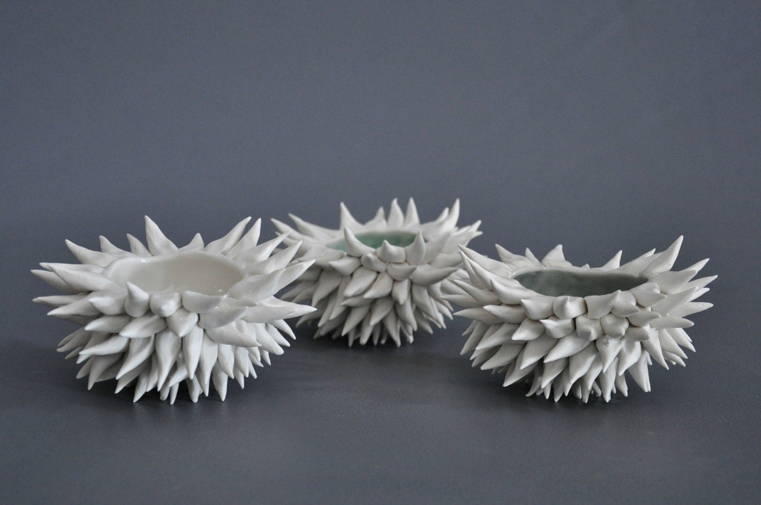 Set of 3 Porcelain Urchin Bowls - Sea Urchin Beach Home Decor Sculpture Ceramic