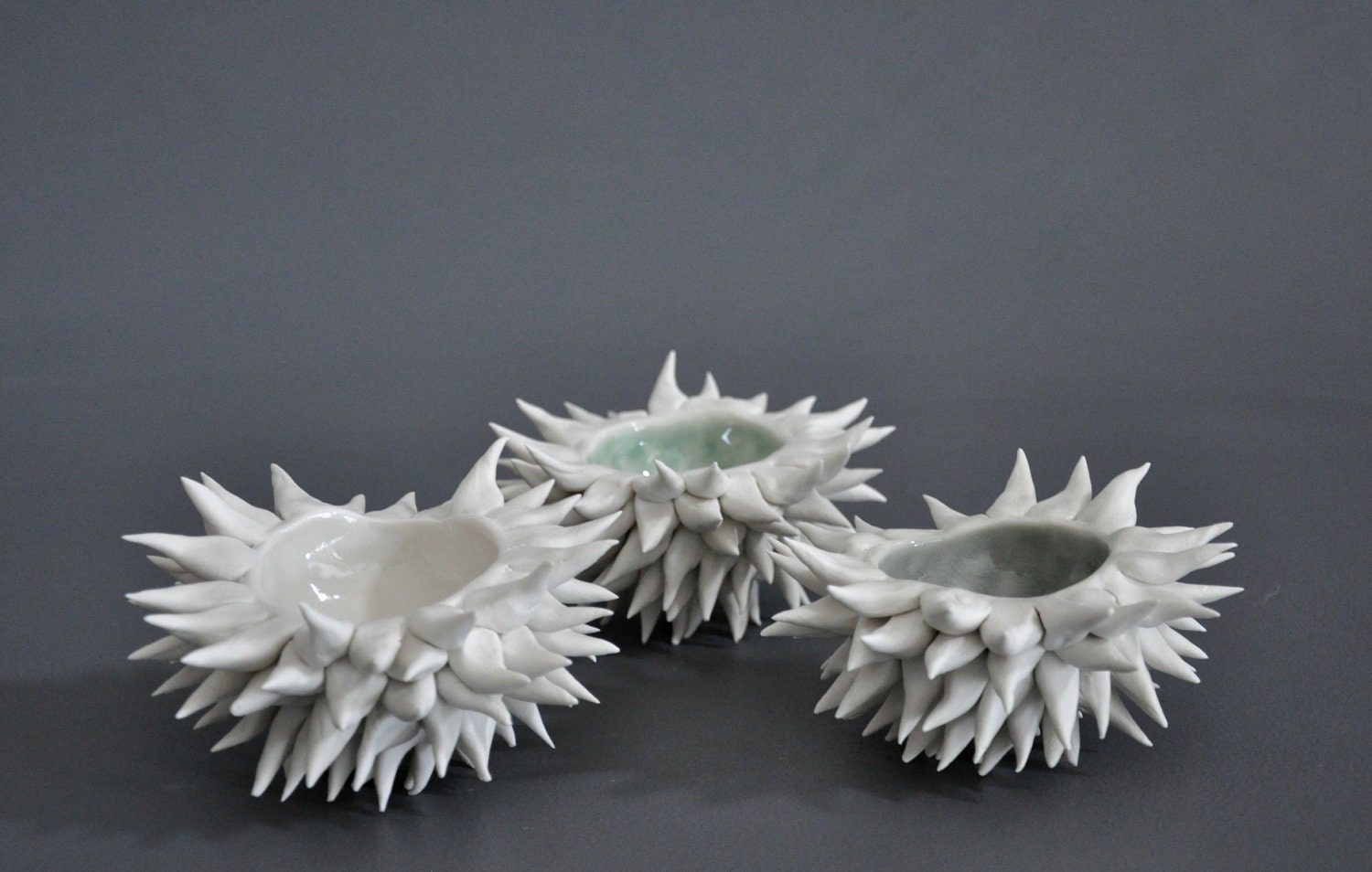 Set of 3 Micro Porcelain Urchin Bowls - Sea Urchin Art Vessel Decor Sculpture Beach