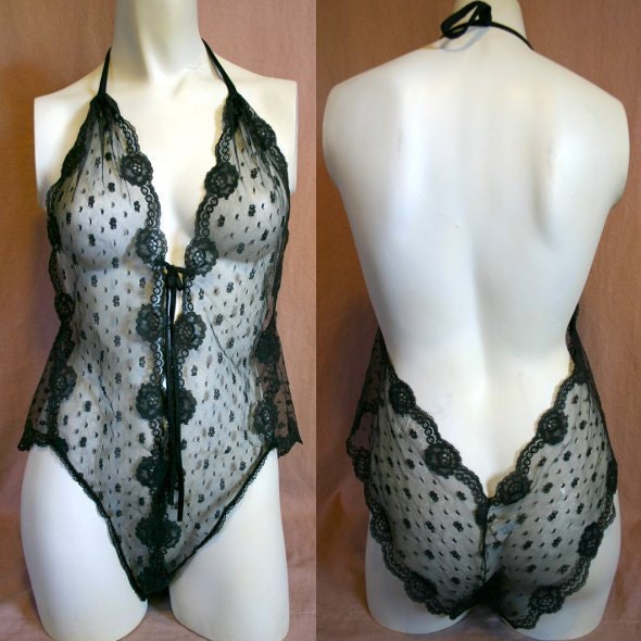 Stunning Sexy 80's Vintage SHEER Black LACE négligée
