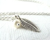 Silver Leaf Necklace, Fine Silver Leaf, Sterling Silver Chain, Freshwater Pearl