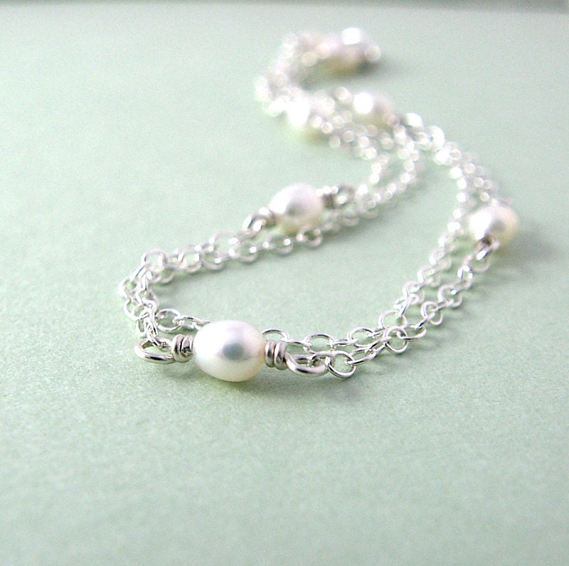 Double Strand Sterling Silver Pearl Bracelet, A Grade Pearls, Bridal Fashion Chain Bracelet