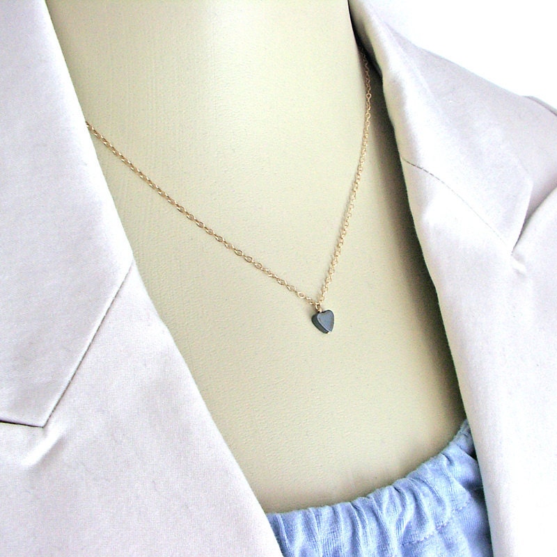 Hematite Tiny Heart Necklace Simple Heart Jewelry 14K Gold Fill Delicate Chain Pendant Necklace