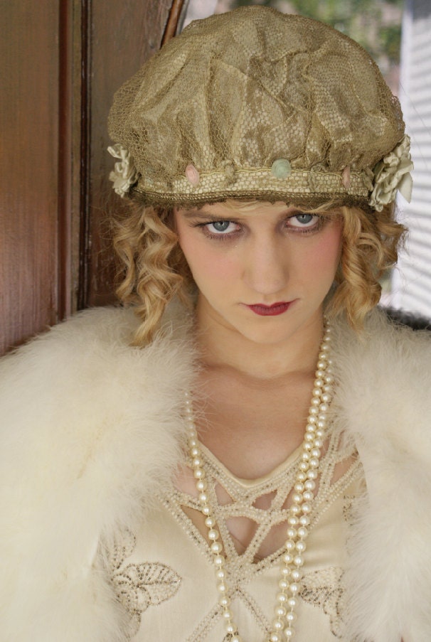 Mary Pickford Used to Eat Roses Rare Metallic Lace and Rosette Night Cap Bonnet Hat Great Gatsby Vibes