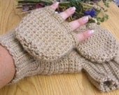 Super Thick and Warm Alpaca Wool Crocheted Convertible Fingerless Mittens/Gloves - Oatmeal Beige Tan Light Brown