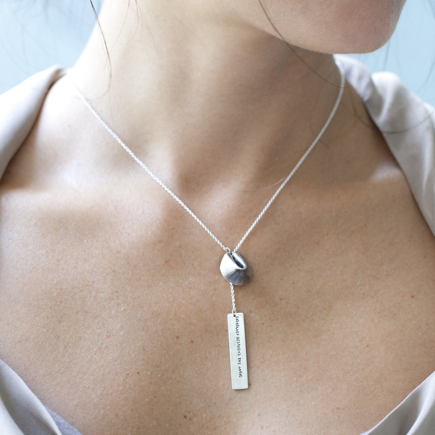 customize your fortune - 18" sterling silver fortune cookie lariat with fortune message in front