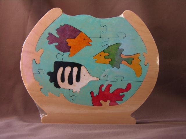 Life in a Fish Bowl Colorful Wood Puzzle Toy Hand Cut with Scroll Saw