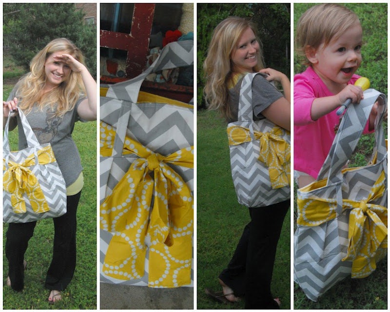 Handbag Made of Chevron  Fabric and Large Green Bow