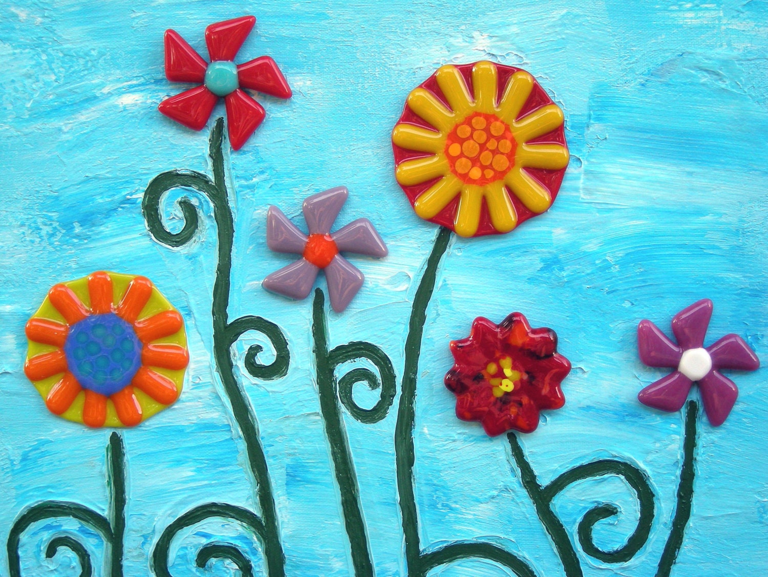 Abstract Painting / 3D Mixed Media / Expressionism / Impasto / Fine Art / Original Acrylic Painting with Fused Glass Flowers - Wild Flowers
