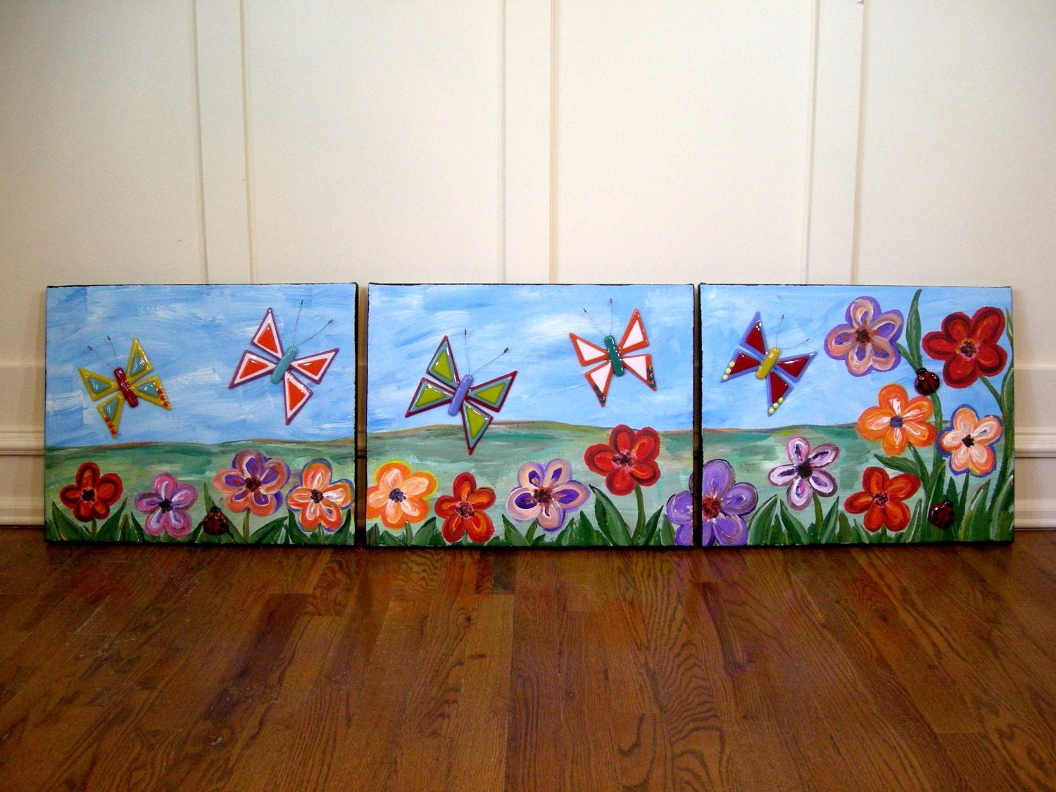 3D Mixed Media Painting / Multi Canvas / Abstract / Magnet Board / Original Acrylic Painting with Fused Glass Butterflies - Spring Flowers