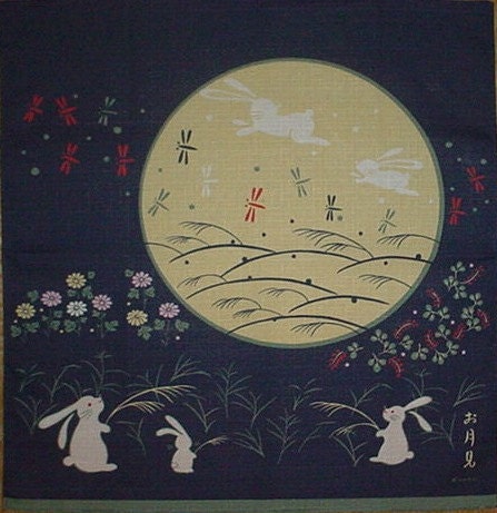 Small Size Cotton 'Rabbits and Dragonflies' Furoshiki Japanese Fabric w/Free Shipping