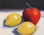 Red Apple and Two Lemons  6 x 6 Original Painting by Torrie Smiley