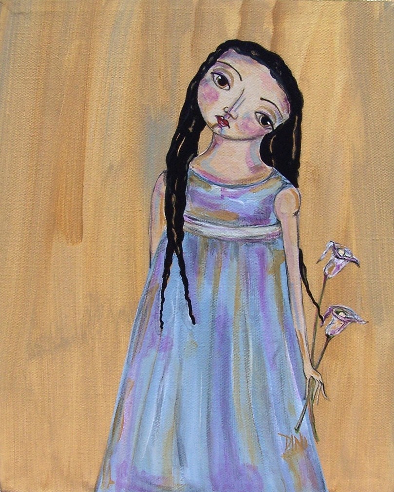 painting original acrylic Love calla lilly flower girl  folk Art