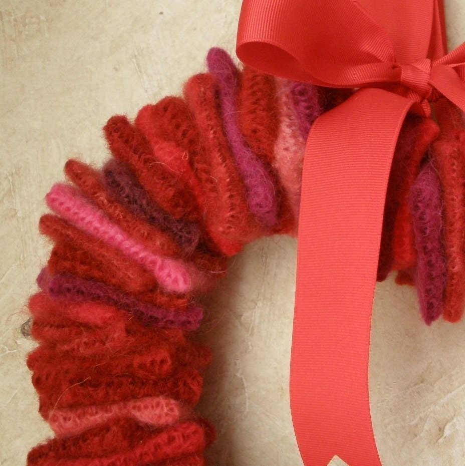 felted wool heart wreath recycled red pink