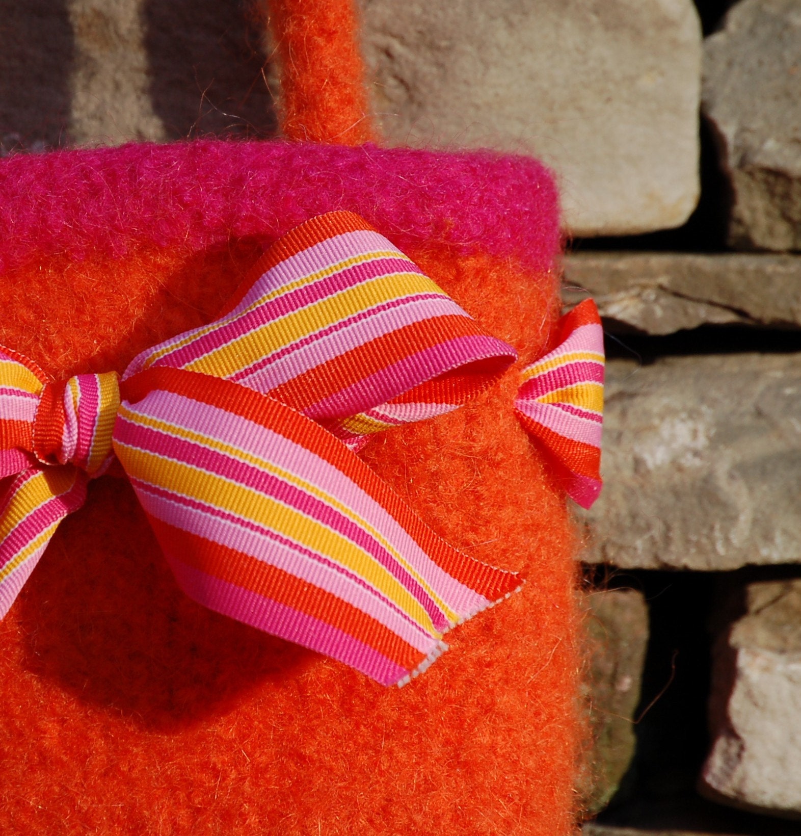vivid felted wool purse orange pink preppy ribbon bow