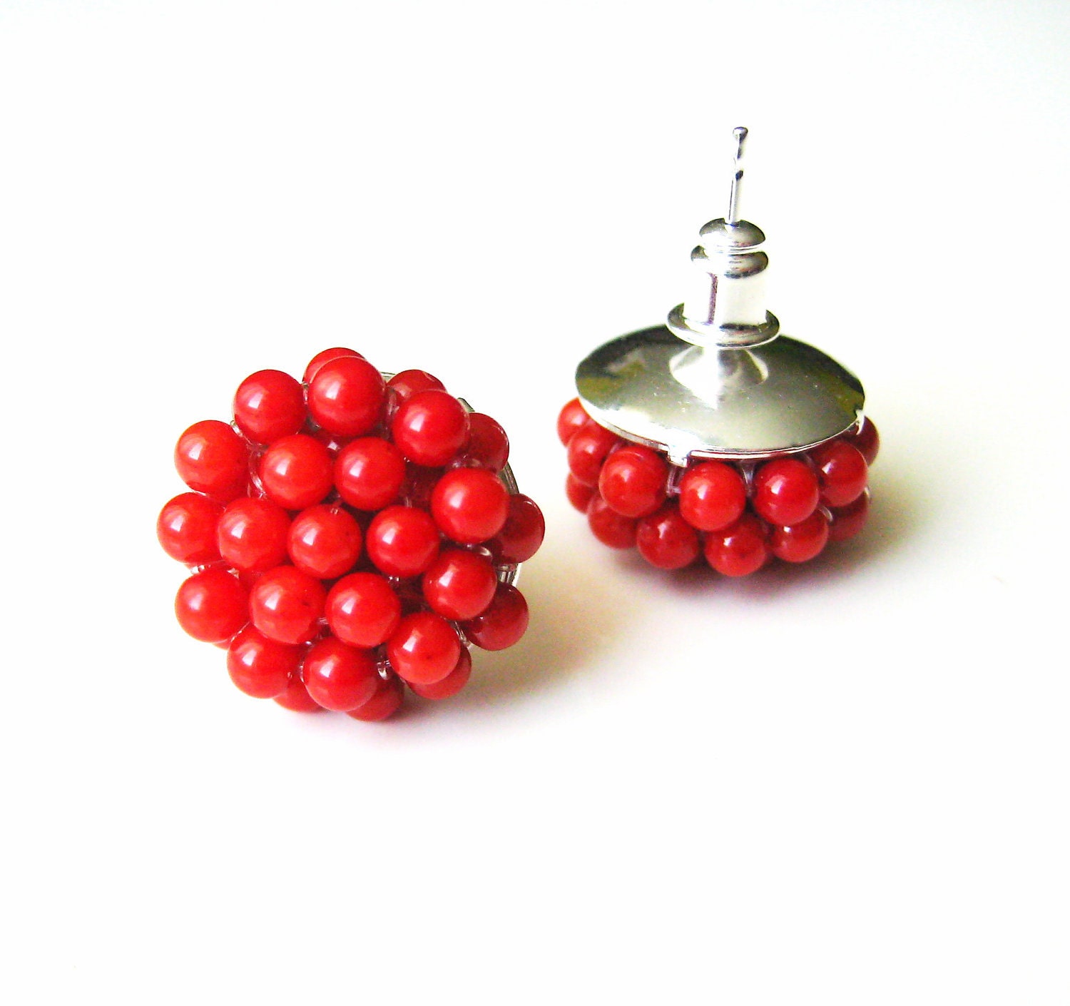 Stud Beaded Earrings : Red Coral