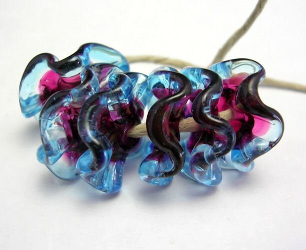 Handmade Lampwork Glass Beads - Fairy Skirts discs in fuschia pink and aqua blue