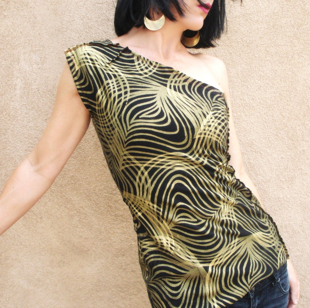 Virtual Reality - Made to Order - iheartfink Handmade Hand Printed Black and Gold Artistic One-Shoulder Top with Bow