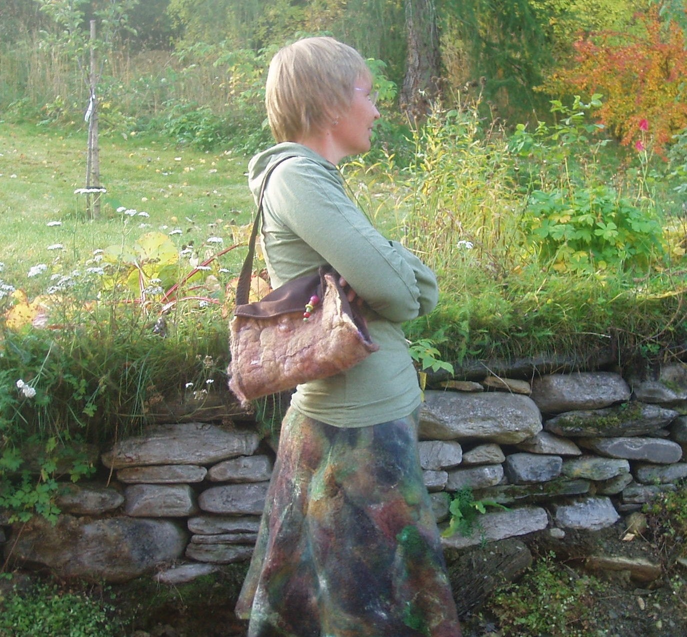 Felted Bag - Life On Mars - Brown Leather and Red and Beige Felt