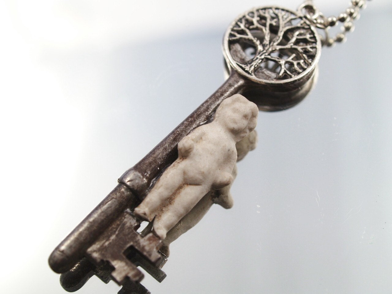 Tree of Life Frozen Charlotte Necklace Antique Skeleton Key Assemblage Pendant