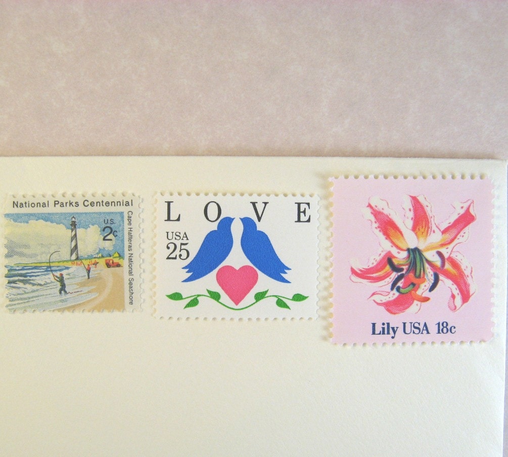 Vintage Postage Stamps Unused, Blue Doves Love, Sea, Pink Flowers, Mail 10 Letters