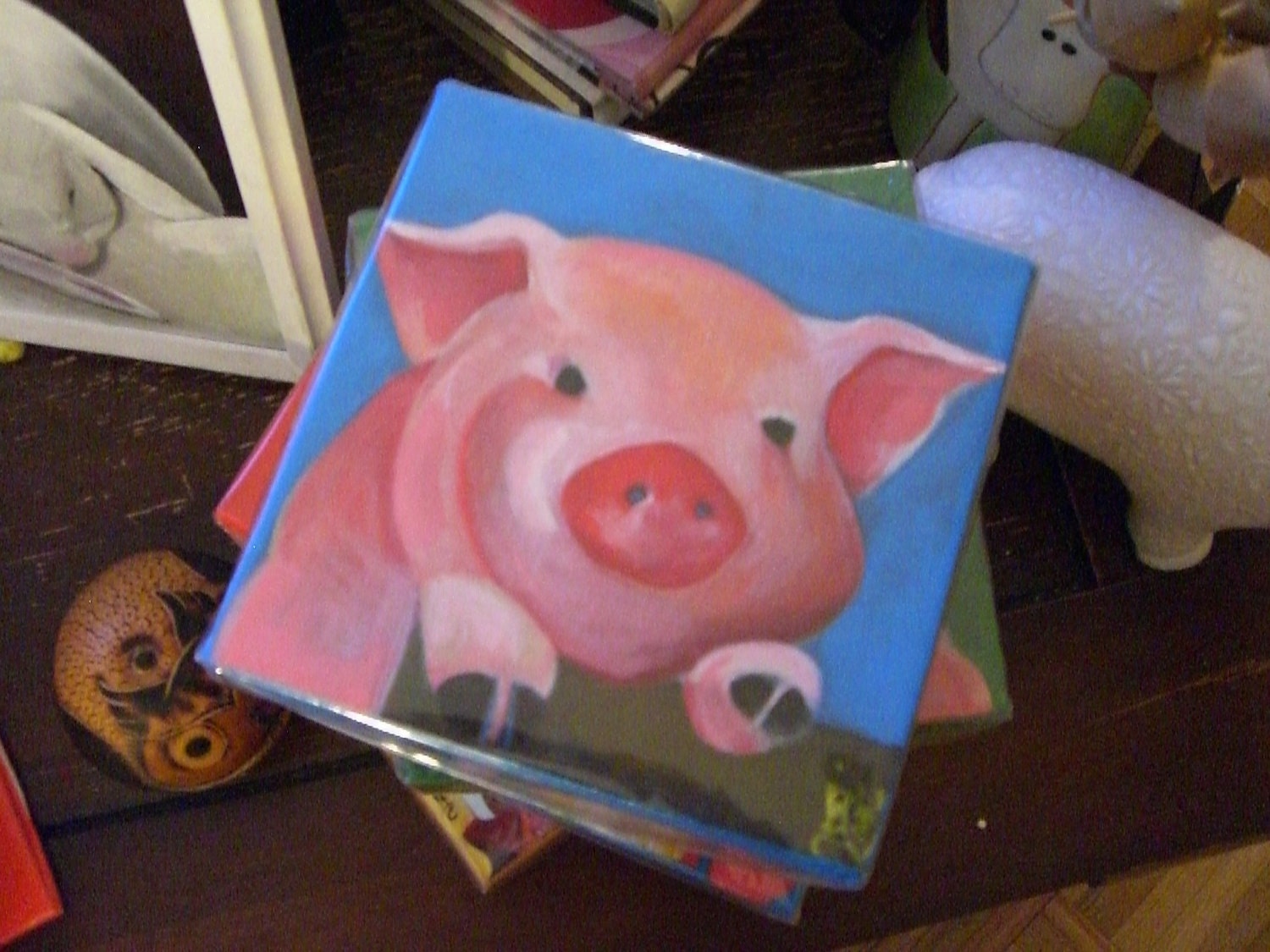 PiG Art Painting - Original 8 by 8 Inch on Canvas - PiGGY Fence - Cute Farm Animal Art - Year of the PiG