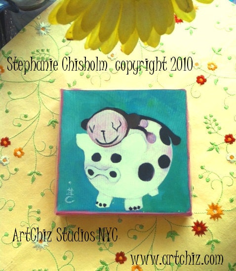 PiGGY Back - Square 6 by 6 Inch Handmade Painting on Canvas - Little Brown Monkey Sleeping on a Cow Pint PiGGY Bank