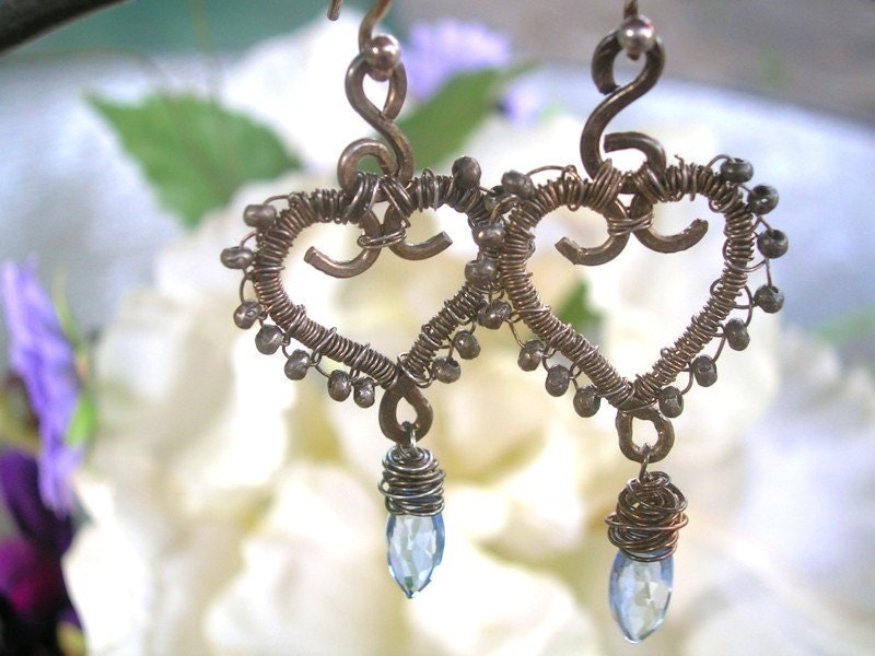 SHOWY BLUE IRIS - Heart Earrings - Sterling, Blue Quartz marquises, Thai handmade beads