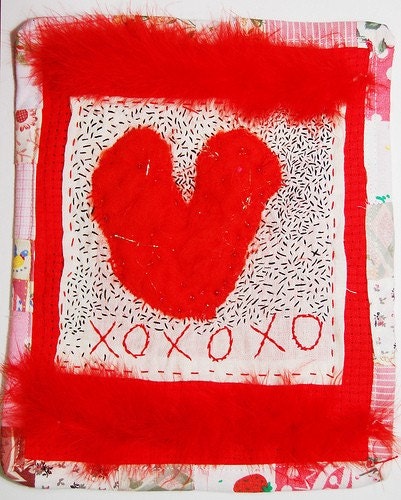 Mini Art Quilt - fluffy warm heART filled with thoughts of XOXO I Love You