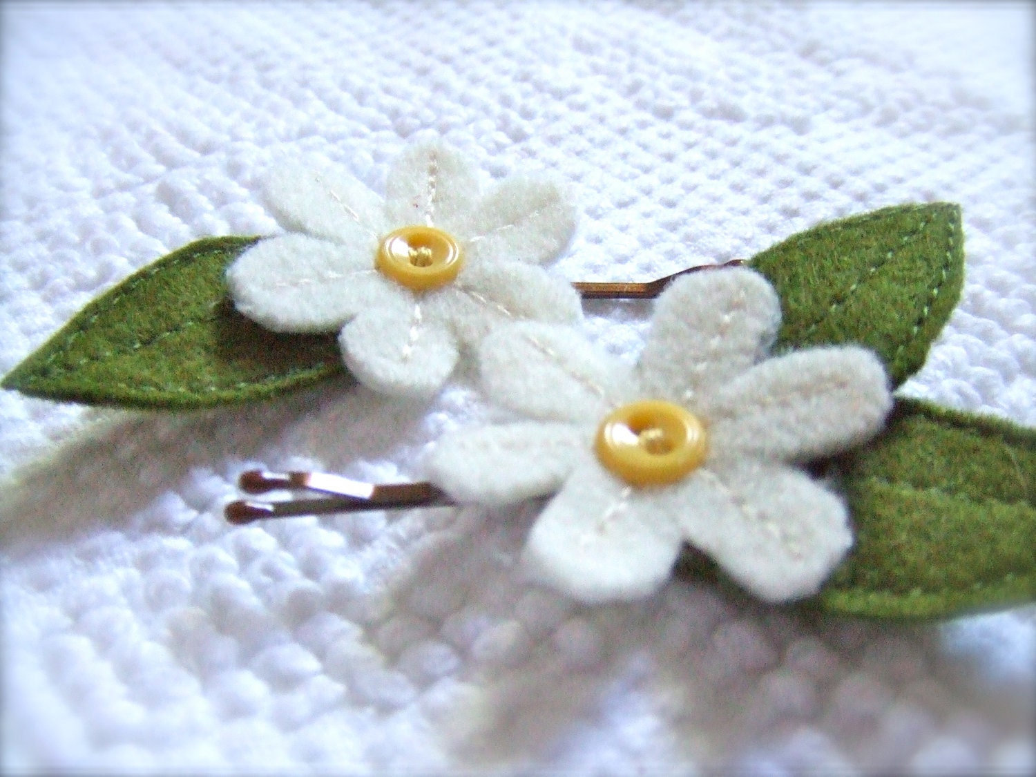 Teeny daisy PAIR repurposed wools bobby pin flower hair pin