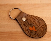 Leather Key Chain - Wood grain and heart - Nice pattern in orange and antique blck