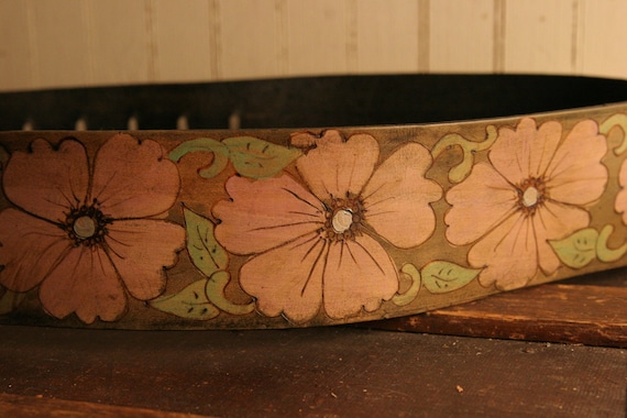 Leather Guitar Strap - Pink, Green and Antique Brown - Belle pattern with flowers