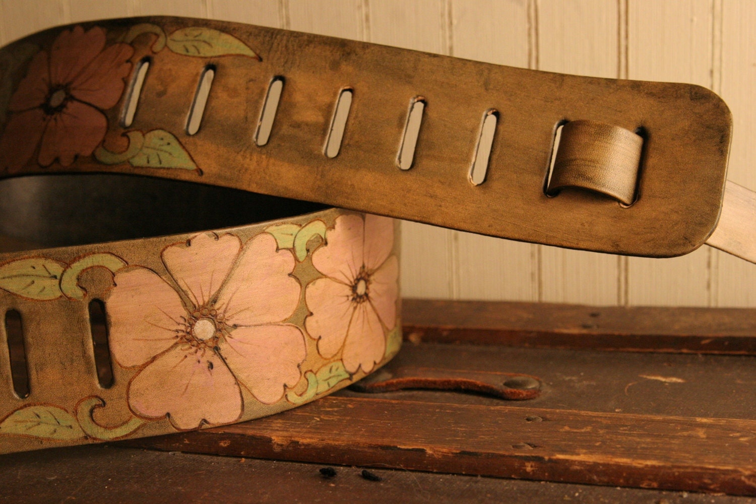 Leather Guitar Strap - Pink, Green and Antique Brown - Belle pattern with flowers