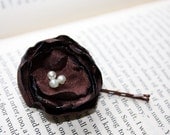 Chocolate brown bobby pin, burnt edge satin fabric flower hair clip, bridesmaid hair accessory by the Paisley Moon