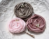 Shabby chic wedding set of 3 fabric bobby pins with rolled satin fabric flowers in pale pink, mauve and caramel by the Paisley Moon on Etsy
