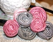 Pink and gray headband, Rolled fabric flower headband in pale pink, rose and gray satin with glass beads for baby to adult girls