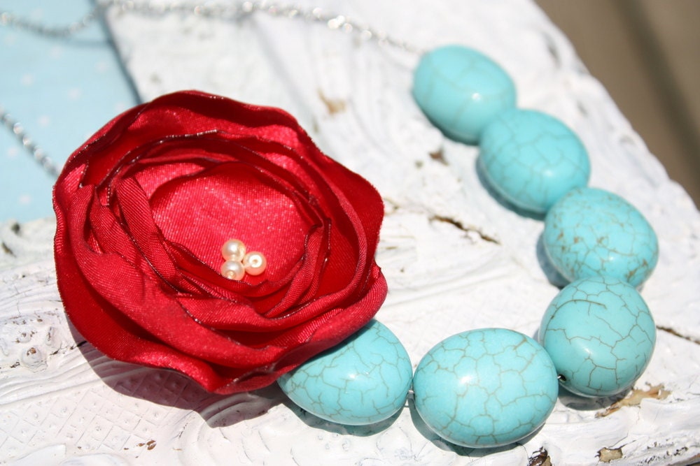 Bridesmaid necklace, Burnt edge fabric flower and bead necklace in turquoise and coral red