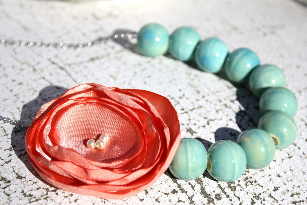 Peach and aqua necklace, Bridesmaid necklace, fabric flower necklace, coral and aqua