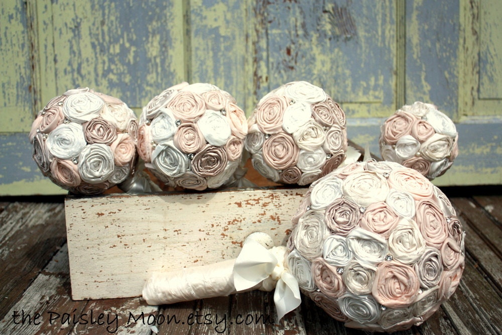 Champagne and Ivory Fabric flower bridal bouquet, 4" rolled rosette custom rosette wedding bouquet