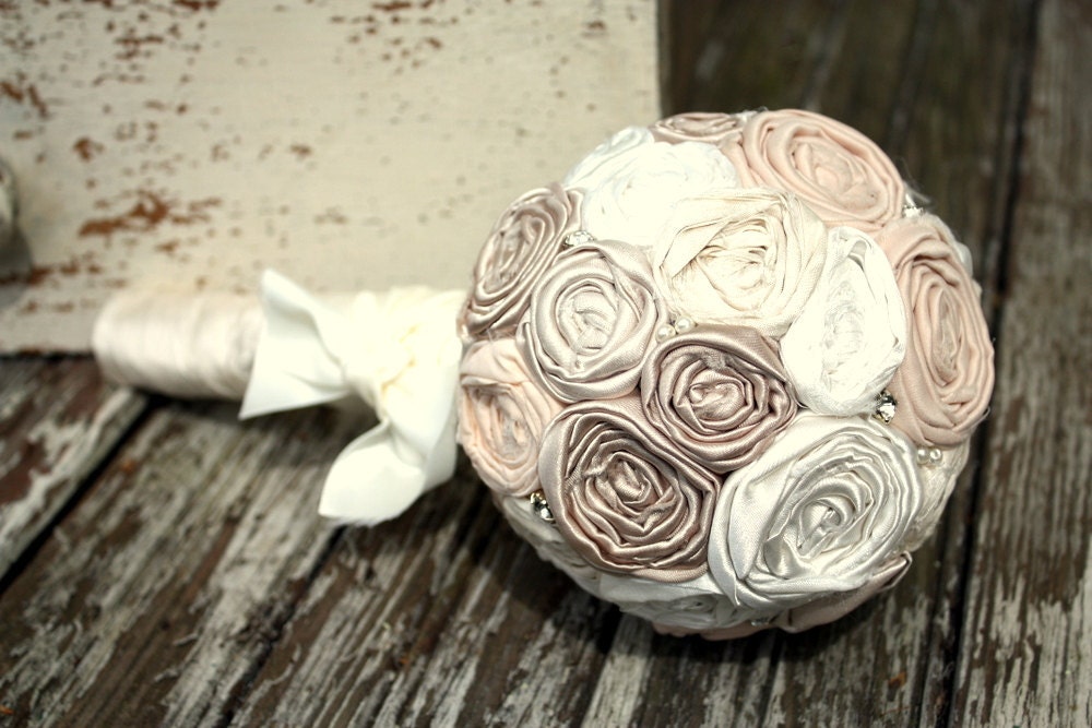 Champagne and Ivory Fabric flower bridal bouquet, 4" rolled rosette custom rosette wedding bouquet