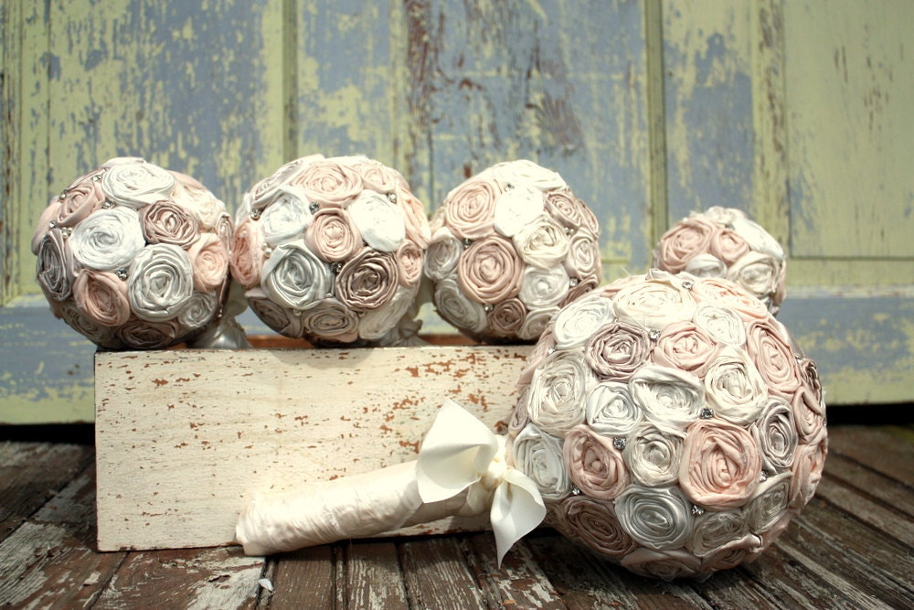 Champagne and Ivory Fabric flower bridal bouquet, 4" rolled rosette custom rosette wedding bouquet